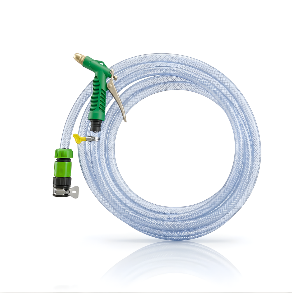 Paket Selang Air Serat Benang Transparan SSBO ½”, ⅝” & ¾” – Dilengkapi Nozzle 4 Mode, 2 Konektor & Fitting Lengkap