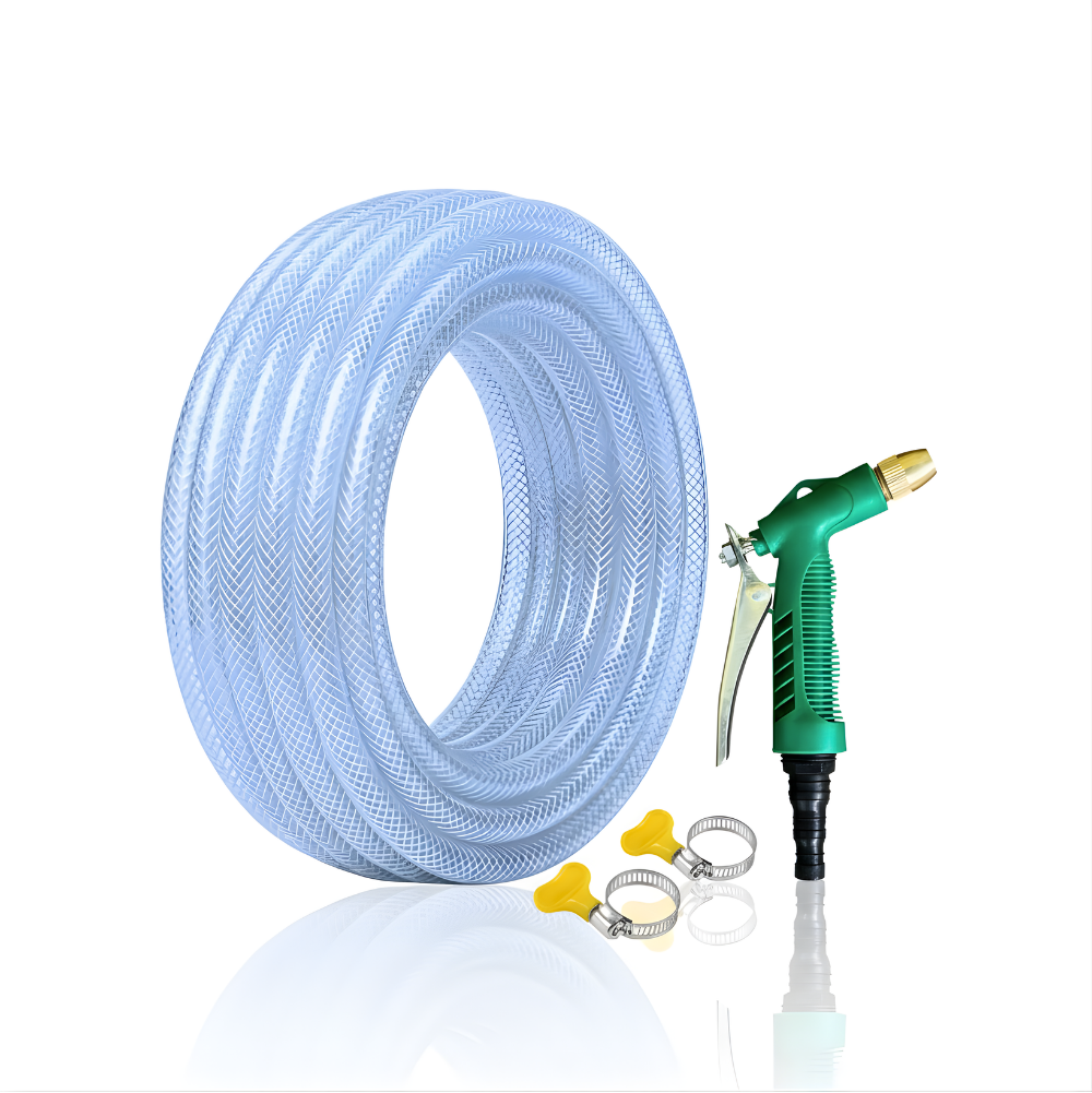 Paket Selang Air Serat Benang Transparan SSBO ½”, ⅝”, ¾” – Dilengkapi Nozzle Semprotan 4 Mode 2 Klem, Tahan Tekanan & Siap Pakai