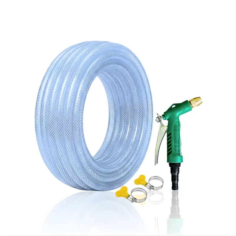 Paket Selang Air Serat Benang Transparan SSBO ½”, ⅝”, ¾” – Dilengkapi Nozzle Semprotan 4 Mode 2 Klem, Tahan Tekanan & Siap Pakai