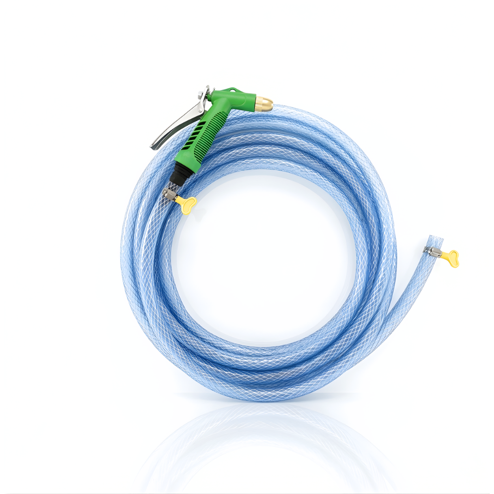 Paket Selang Air Serat Benang Transparan SSBO ½”, ⅝”, ¾” – Dilengkapi Nozzle Semprotan 4 Mode 2 Klem, Tahan Tekanan & Siap Pakai