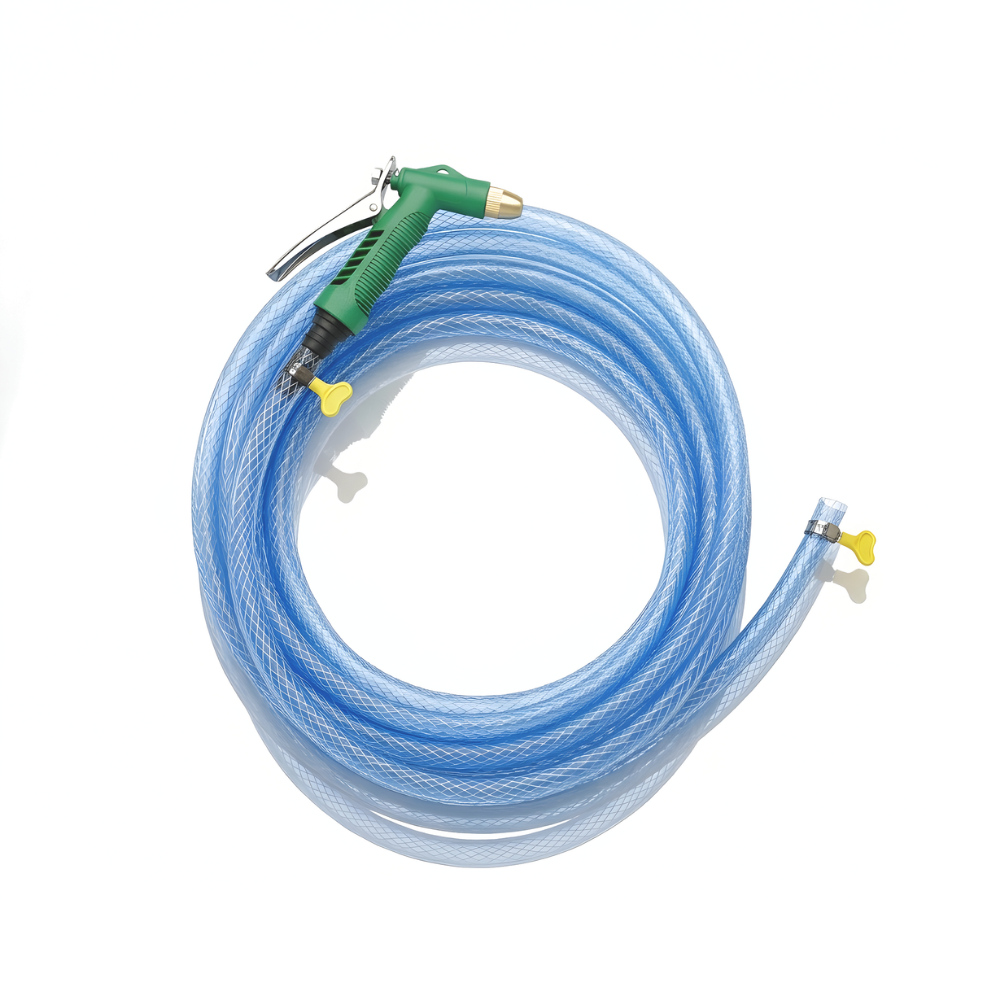 Paket Selang Air Serat Benang Transparan SSBO ½”, ⅝”, ¾” – Dilengkapi Nozzle Semprotan 4 Mode 2 Klem, Tahan Tekanan & Siap Pakai