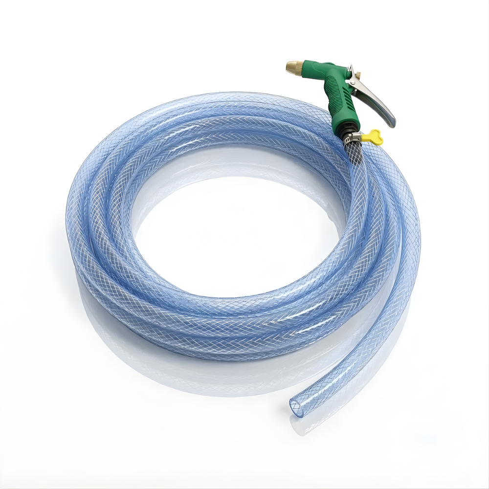 Paket Selang Air Serat Benang Transparan SSBO ½”, ⅝”, ¾” – Dilengkapi Nozzle Semprotan 4 Mode 2 Klem, Tahan Tekanan & Siap Pakai