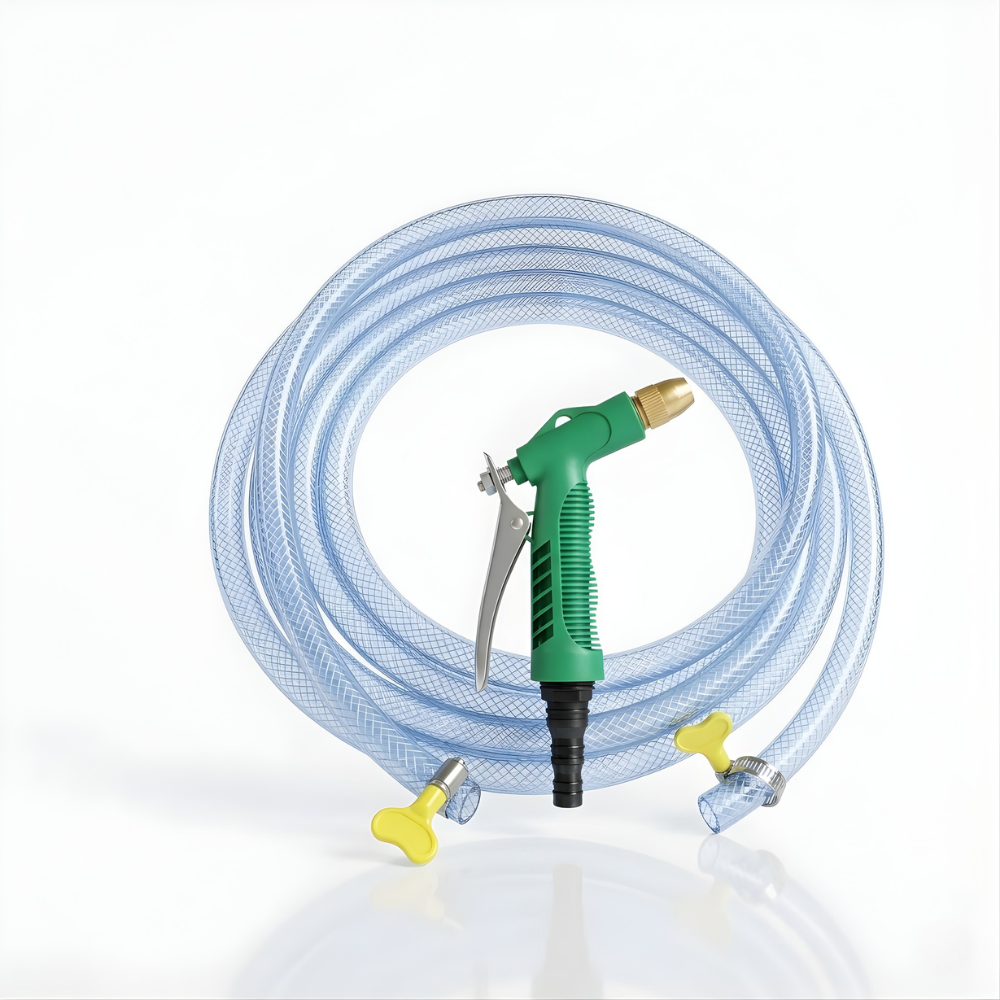 Paket Selang Air Serat Benang Transparan SSBO ½”, ⅝”, ¾” – Dilengkapi Nozzle Semprotan 4 Mode 2 Klem, Tahan Tekanan & Siap Pakai
