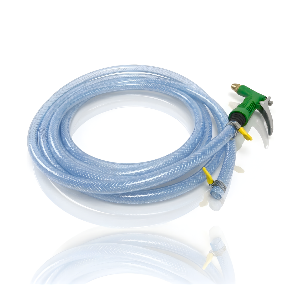 Paket Selang Air Serat Benang Transparan SSBO ½”, ⅝”, ¾” – Dilengkapi Nozzle Semprotan 4 Mode 2 Klem, Tahan Tekanan & Siap Pakai