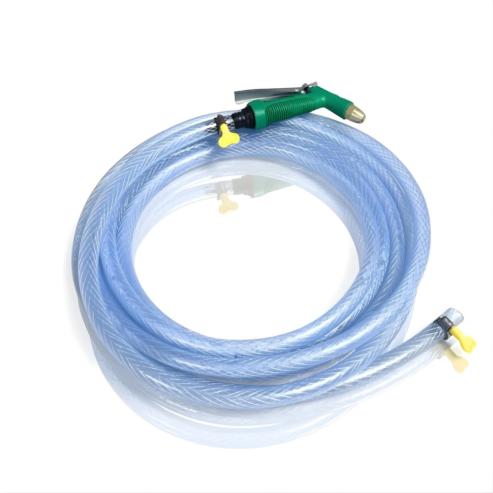 Paket Selang Air Serat Benang Transparan SSBO ½”, ⅝”, ¾” – Dilengkapi Nozzle Semprotan 4 Mode 2 Klem, Tahan Tekanan & Siap Pakai