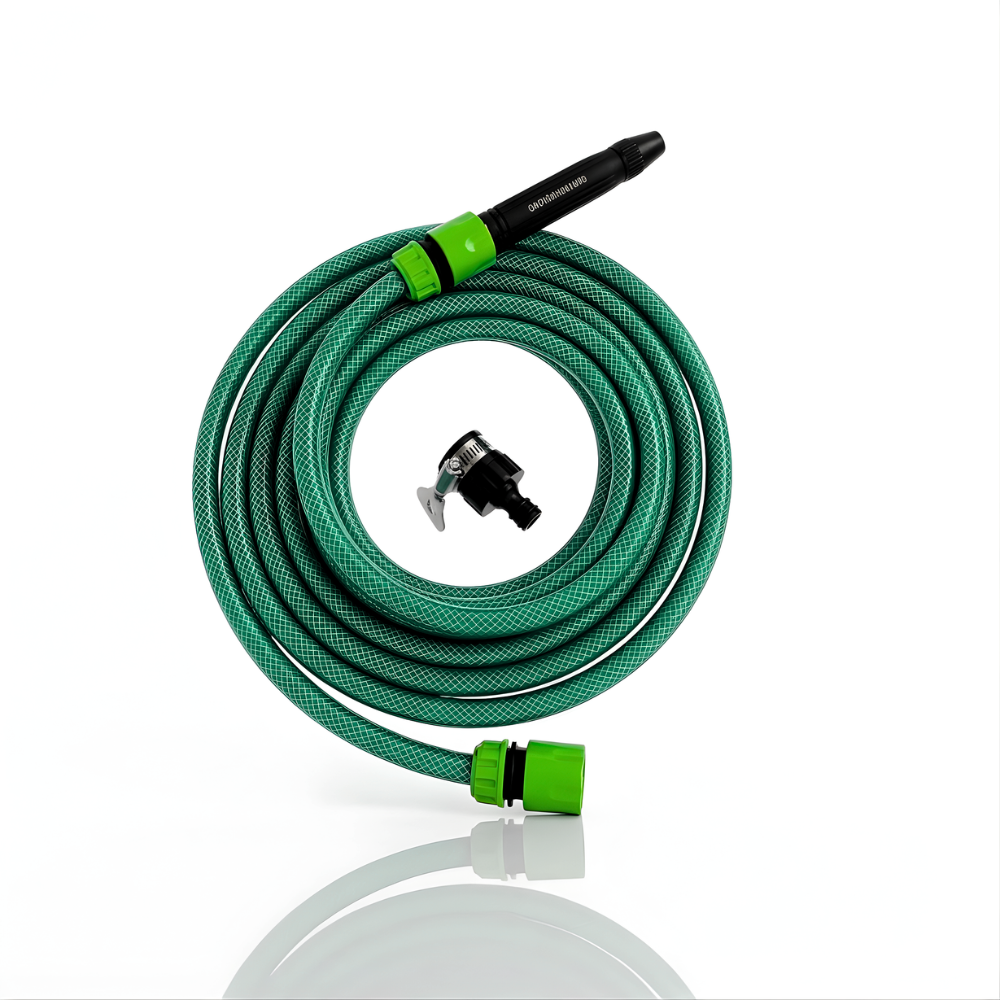 Selang Air PVC Serat Benang Hijau ½, ⅝, ¾ Inch SSBO + Nozzle Stick & Aksesoris Lengkap – Kuat, Fleksibel & Siap Pakai