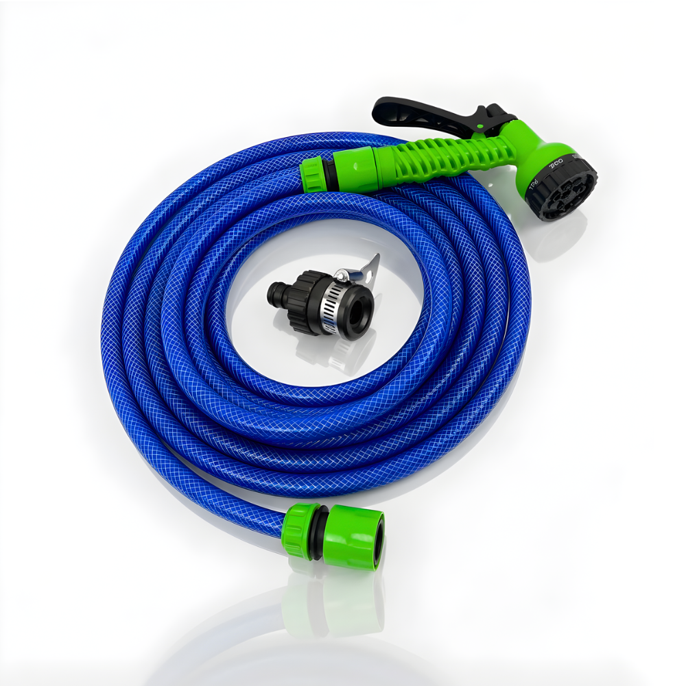 Paket Selang Air Serat Benang Biru SSBO ½, ⅝ & ¾ Inch – Nozzle 7 Mode, Konektor & Fitting Lengkap  Lentur, Kuat & Siap Pakai