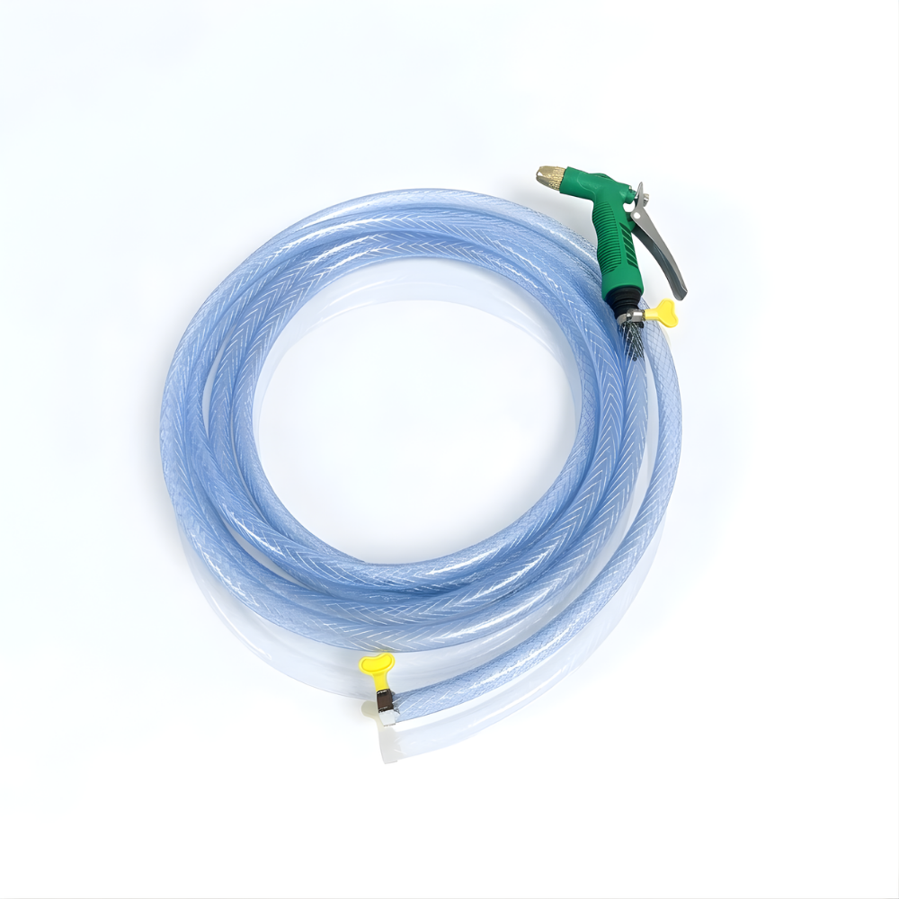 Paket Selang Air Serat Benang Transparan SSBO ½”, ⅝”, ¾” – Dilengkapi Nozzle Semprotan 4 Mode 2 Klem, Tahan Tekanan & Siap Pakai
