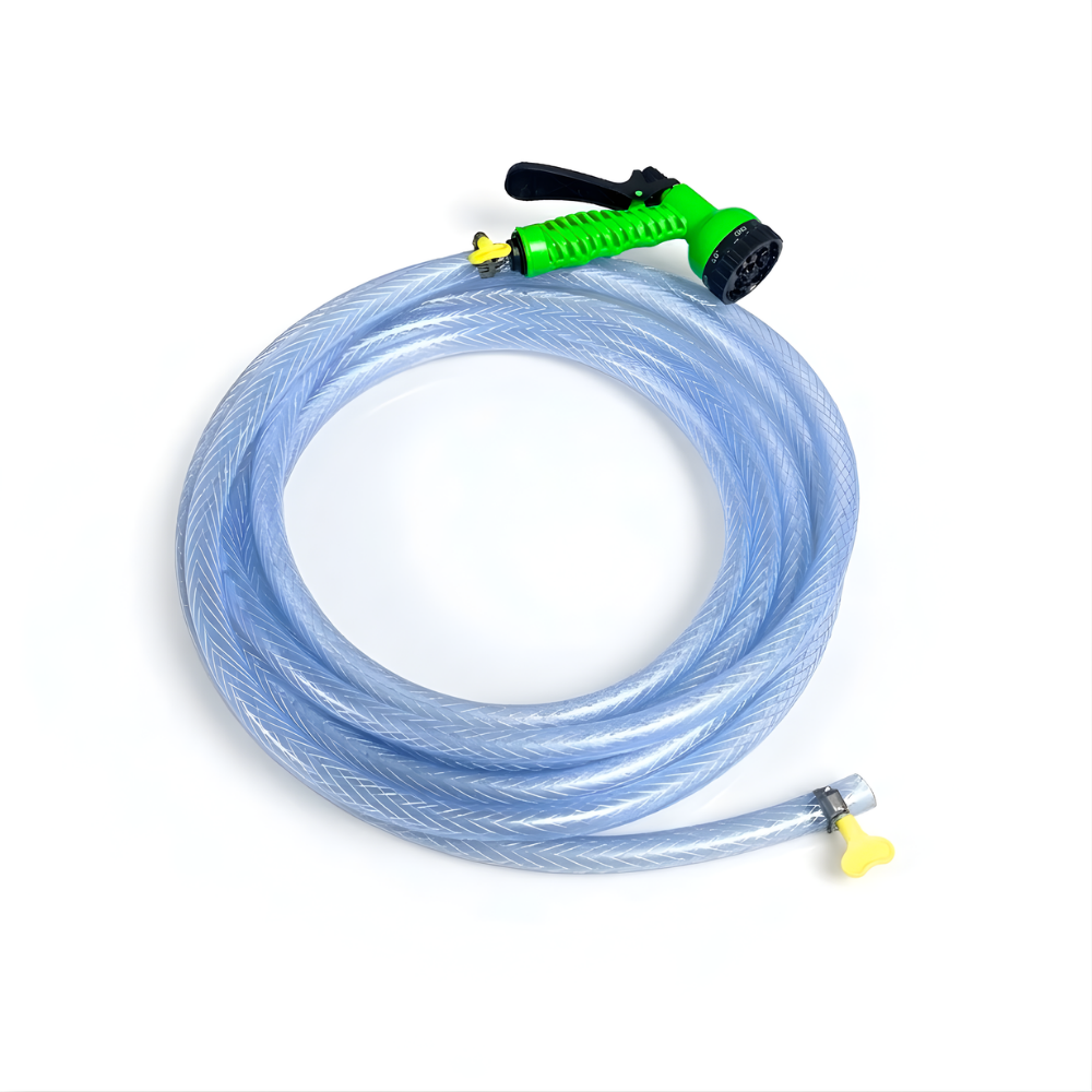 Selang Air PVC Serat Benang Transparan SSBO ⅝ & ¾ Inch – Nozzle Semprotan 7 Mode + 2 Klem, Kuat, Fleksibel & Siap Pakai