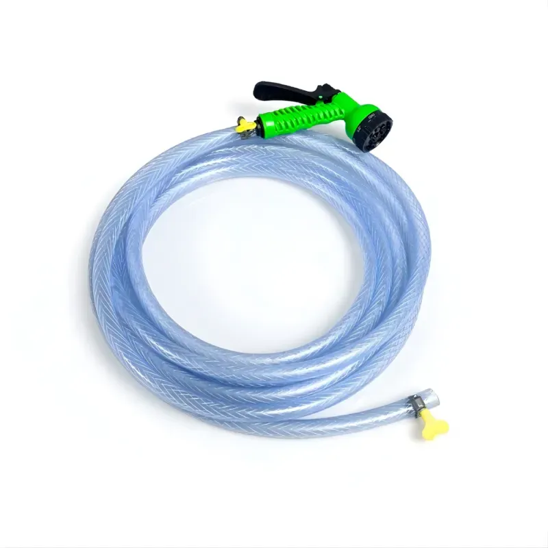 Selang Air PVC Serat Benang Transparan SSBO ⅝ & ¾ Inch – Nozzle Semprotan 7 Mode + 2 Klem, Kuat, Fleksibel & Siap Pakai