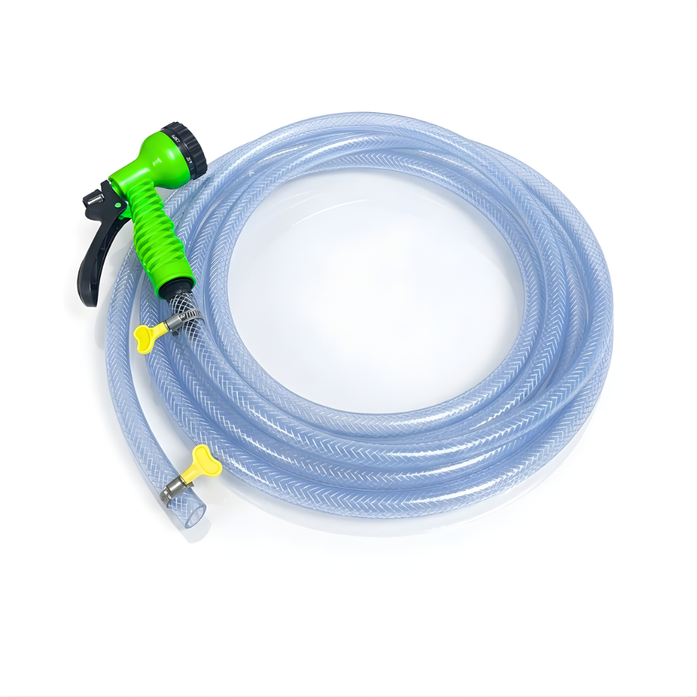 Selang Air PVC Serat Benang Transparan SSBO ⅝ & ¾ Inch – Nozzle Semprotan 7 Mode + 2 Klem, Kuat, Fleksibel & Siap Pakai