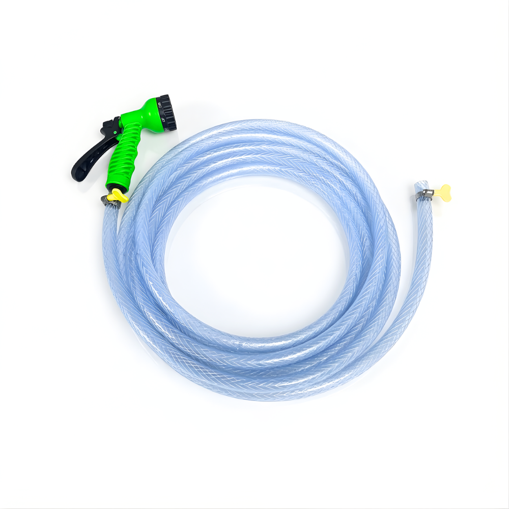 Selang Air PVC Serat Benang Transparan SSBO ⅝ & ¾ Inch – Nozzle Semprotan 7 Mode + 2 Klem, Kuat, Fleksibel & Siap Pakai
