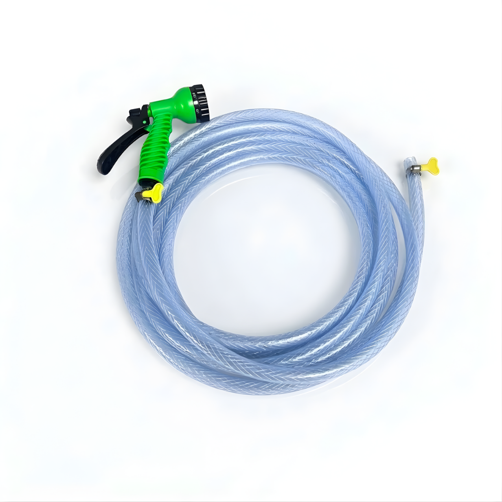 Selang Air PVC Serat Benang Transparan SSBO ⅝ & ¾ Inch – Nozzle Semprotan 7 Mode + 2 Klem, Kuat, Fleksibel & Siap Pakai
