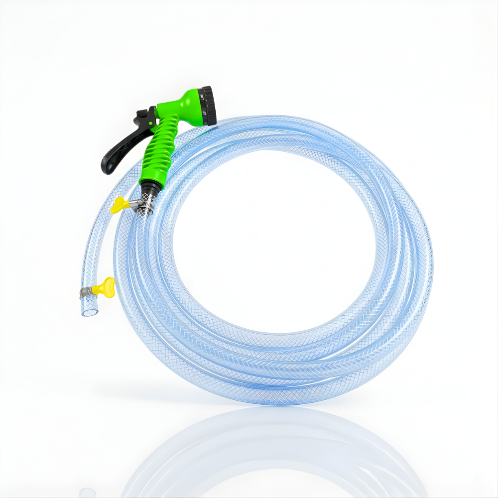 Selang Air PVC Serat Benang Transparan SSBO ⅝ & ¾ Inch – Nozzle Semprotan 7 Mode + 2 Klem, Kuat, Fleksibel & Siap Pakai