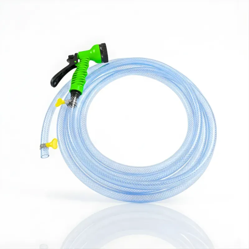 Selang Air PVC Serat Benang Transparan SSBO ⅝ & ¾ Inch – Nozzle Semprotan 7 Mode + 2 Klem, Kuat, Fleksibel & Siap Pakai