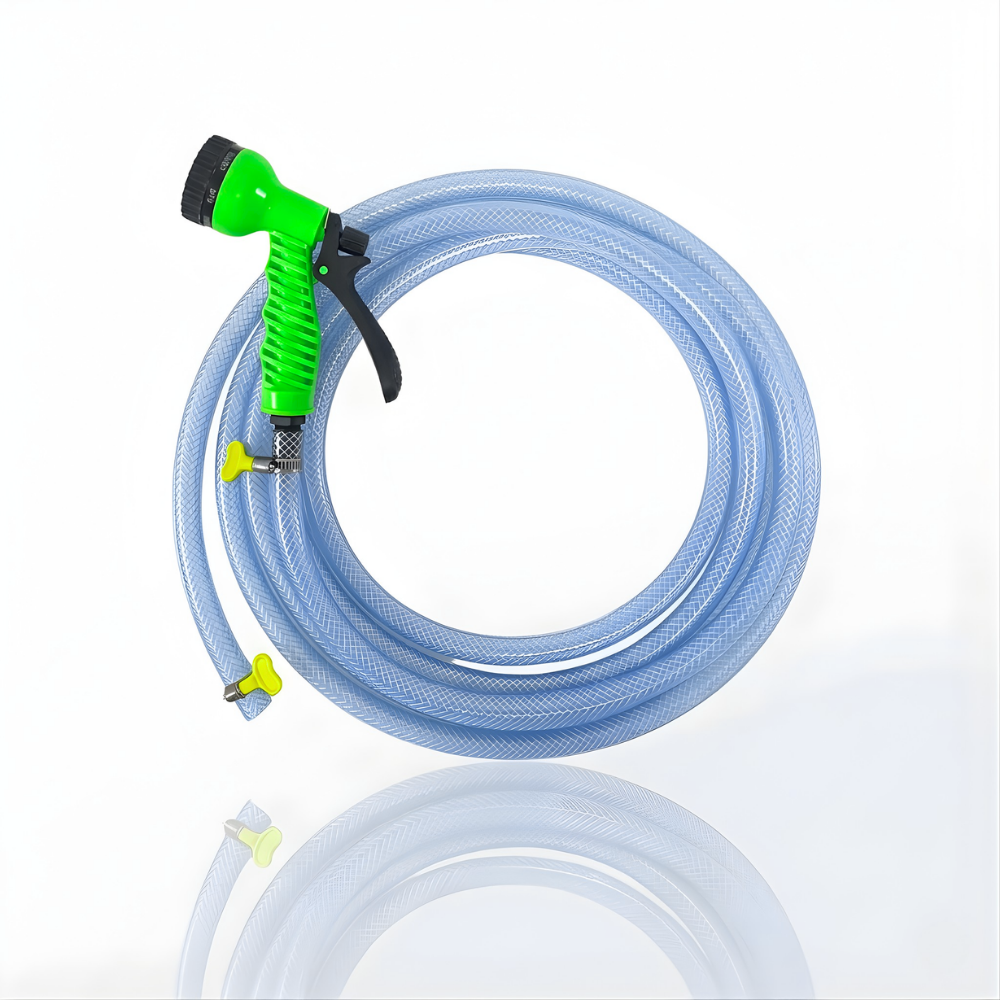 Selang Air PVC Serat Benang Transparan SSBO ⅝ & ¾ Inch – Nozzle Semprotan 7 Mode + 2 Klem, Kuat, Fleksibel & Siap Pakai
