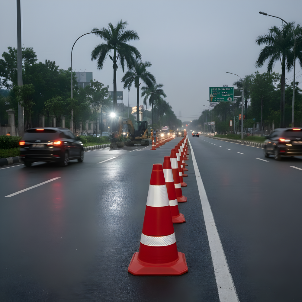 Traffic Cone SSBO – Kerucut Pembatas Jalan Tinggi 30, 50, 70 cm, Reflektor Terang, Ringan, Stabil & Tahan Cuaca