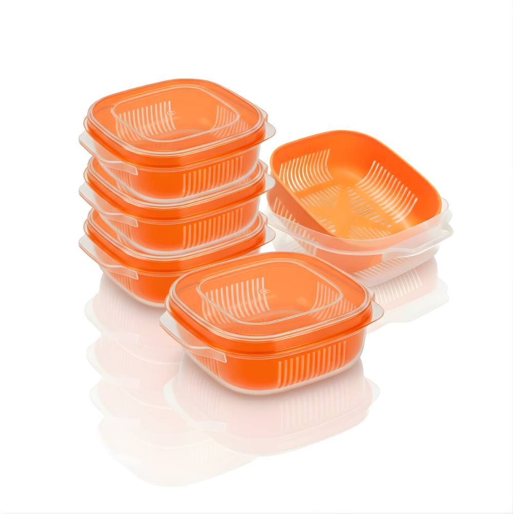 Kotak Penyimpan Makanan Serbaguna dengan Saringan – Warna Orange, Kedap Udara & Praktis (Food Organiser)