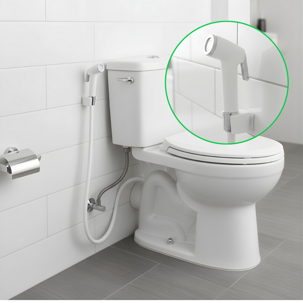 Jet Shower WC SSBO Warna Putih – Konektor ½ Inch, Selang Fleksibel 1.2 m, Anti Bocor, Kuat & Mudah Dipasang