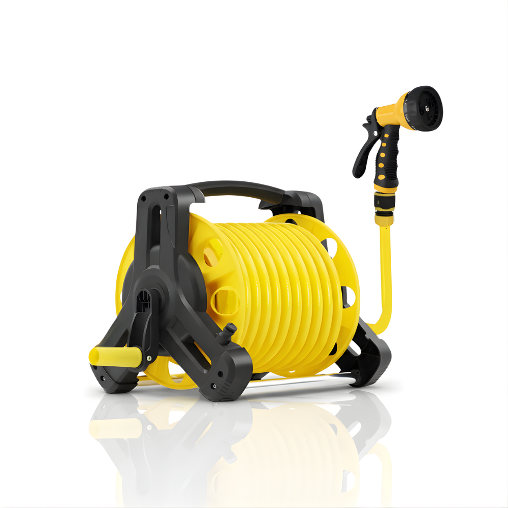 SSBO Selang Air Roll – Warna Kuning, Dengan Stand & Nozzle, Gulung Manual, Praktis & Tahan Lama