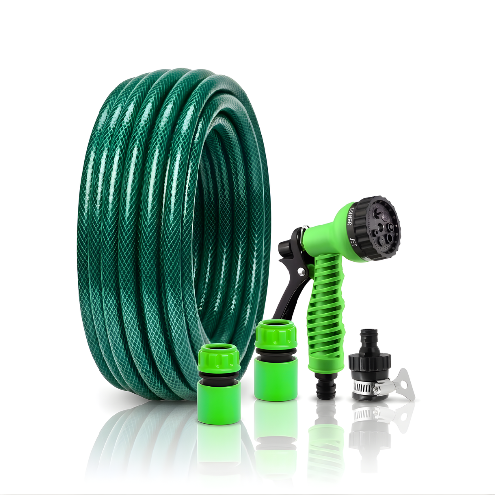 Selang Air PVC Serat Benang Hijau ½, ⅝, ¾ Inch SSBO + Nozzle 7 Mode, Konektor & Fitting Lengkap – Kuat, Fleksibel & Siap Pakai