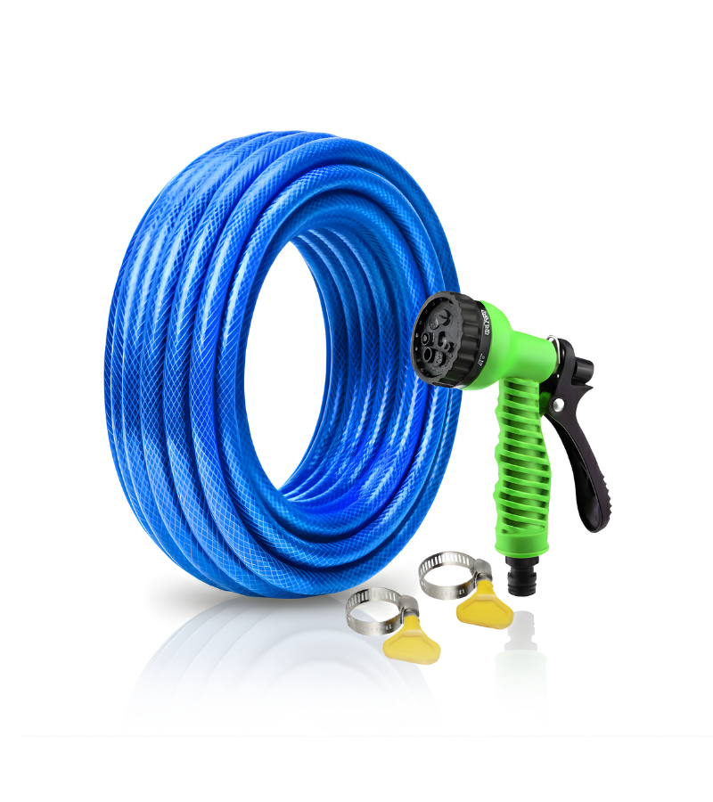Selang Air PVC Serat Benang Biru ⅝ & ¾ Inch SSBO – Nozzle Semprotan 7 Mode + 2 Klem – Kuat, Fleksibel, Anti Lipat & Siap Pakai
