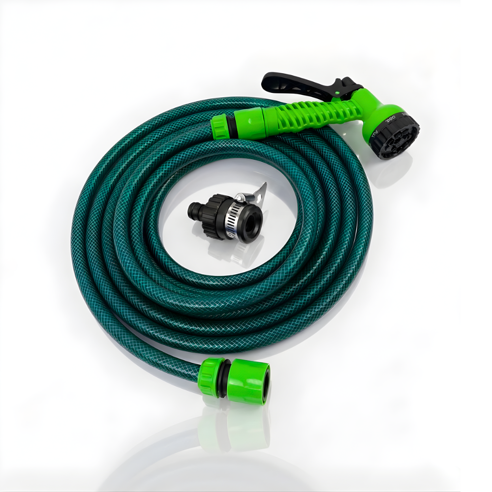 Selang Air PVC Serat Benang Hijau ½, ⅝, ¾ Inch SSBO + Nozzle 7 Mode, Konektor & Fitting Lengkap – Kuat, Fleksibel & Siap Pakai
