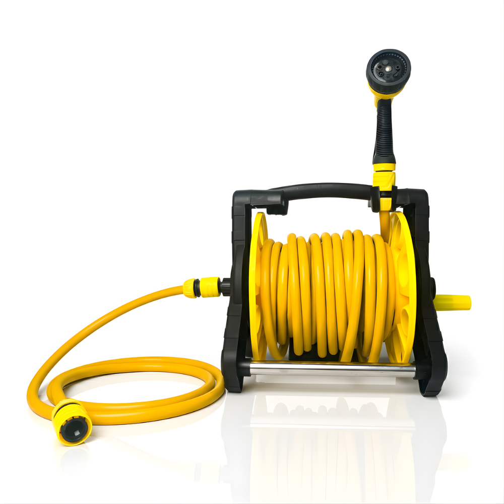 SSBO Selang Air Roll – Warna Kuning, Dengan Stand & Nozzle, Gulung Manual, Praktis & Tahan Lama