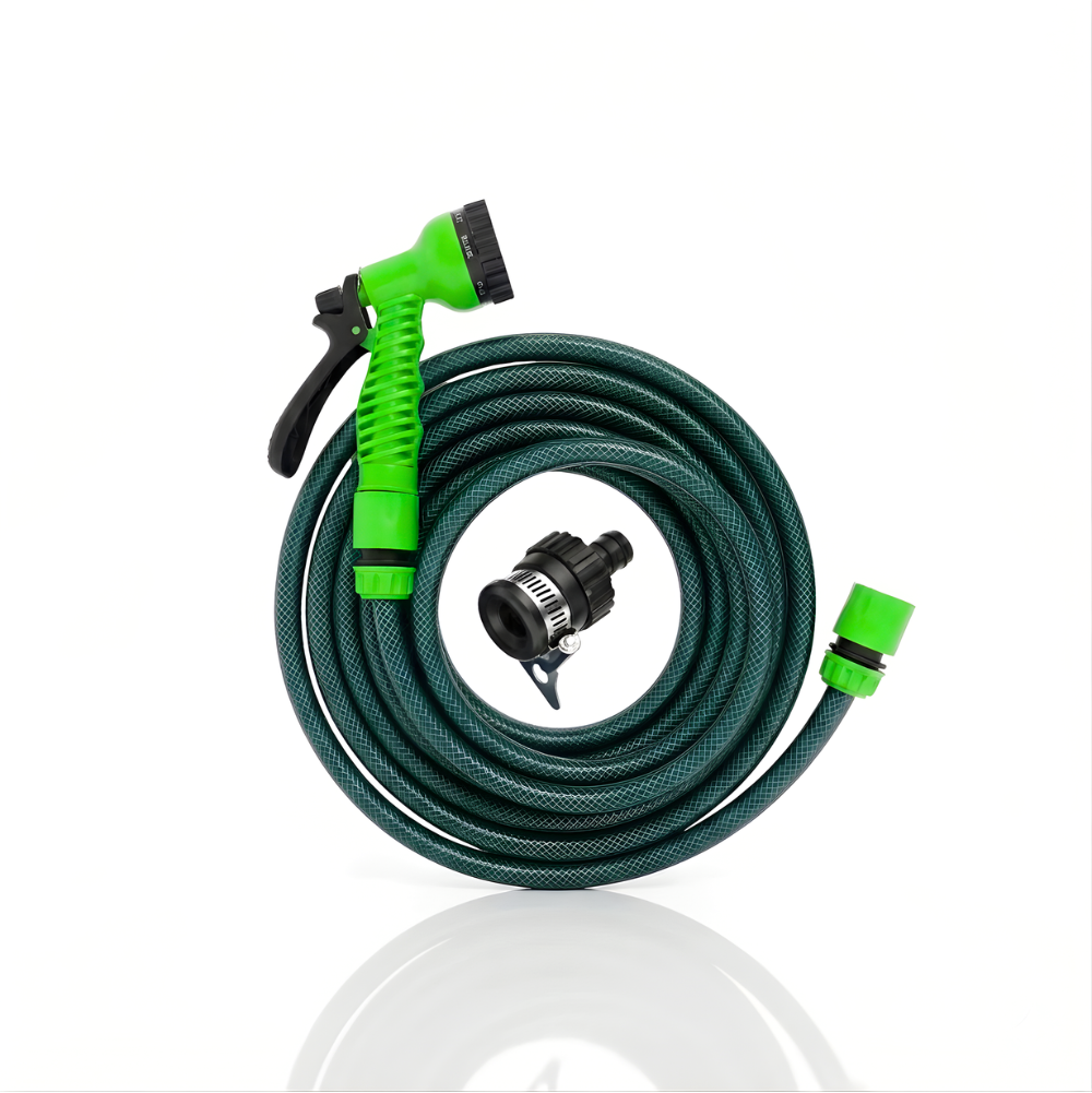 Selang Air PVC Serat Benang Hijau ½, ⅝, ¾ Inch SSBO + Nozzle 7 Mode, Konektor & Fitting Lengkap – Kuat, Fleksibel & Siap Pakai