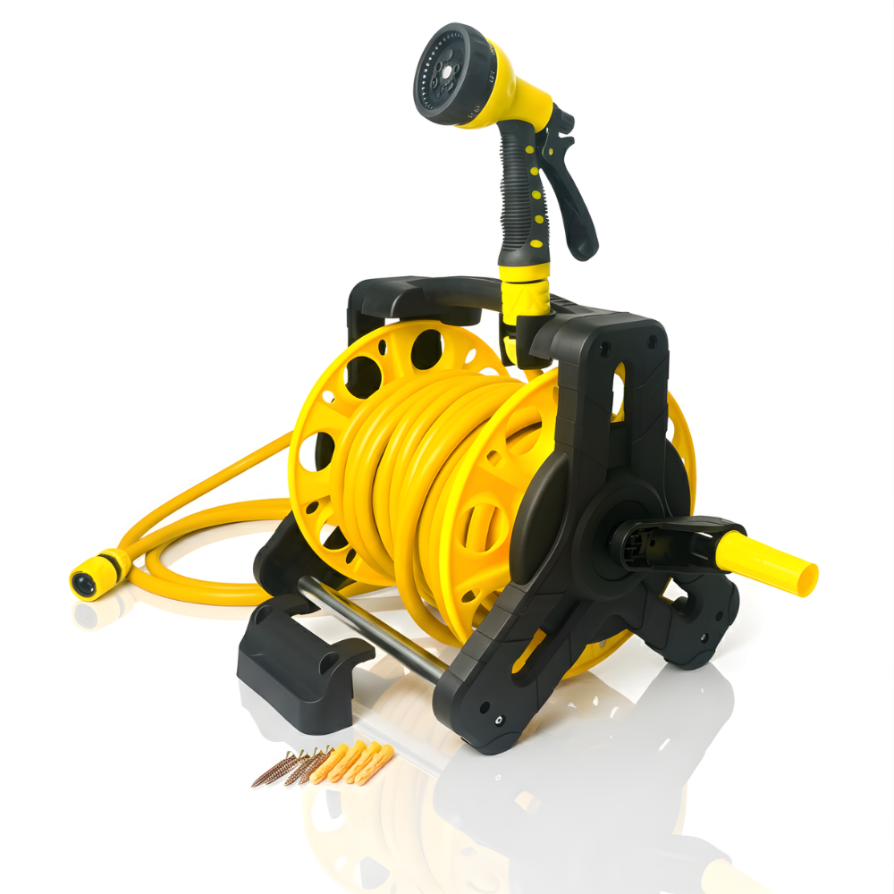 Paket Selang Air Roll Gulung Manual SSBO Warna Kuning – Lengkap dengan Stand, Nozzle & Bracket Gantung