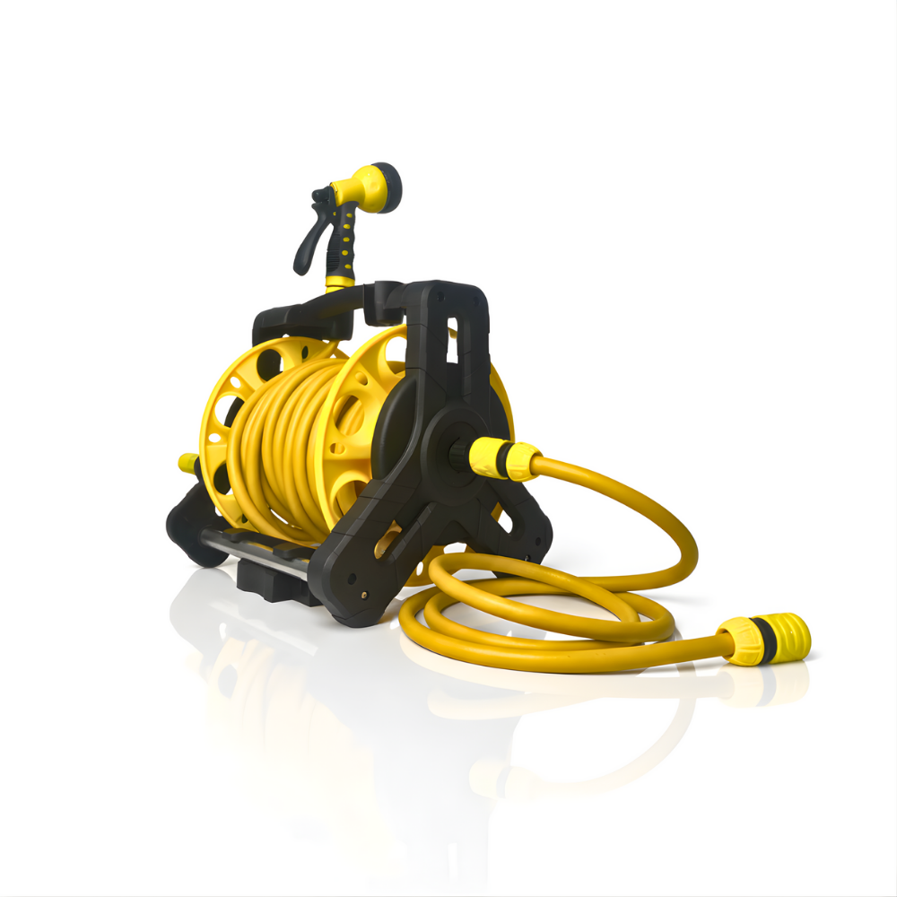 Paket Selang Air Roll Gulung Manual SSBO Warna Kuning – Lengkap dengan Stand, Nozzle & Bracket Gantung