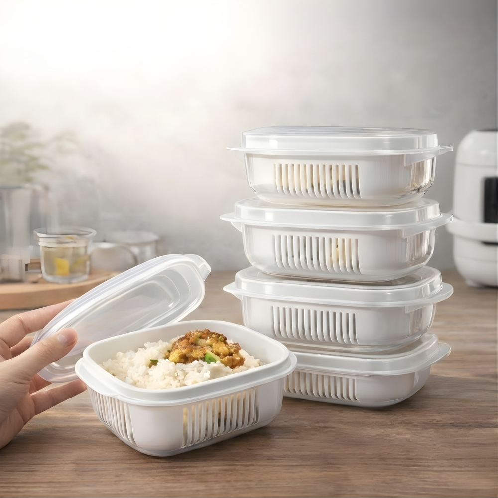 Kotak Penyimpan Makanan Serbaguna dengan Saringan – Warna Putih, Kedap Udara & Praktis (Food Organiser)