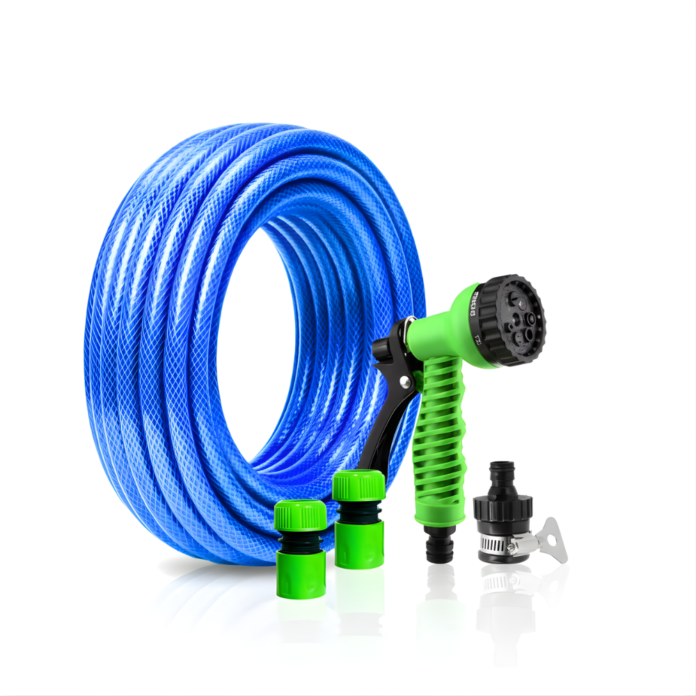 Paket Selang Air Serat Benang Biru SSBO ½, ⅝ & ¾ Inch – Nozzle 7 Mode, Konektor & Fitting Lengkap  Lentur, Kuat & Siap Pakai