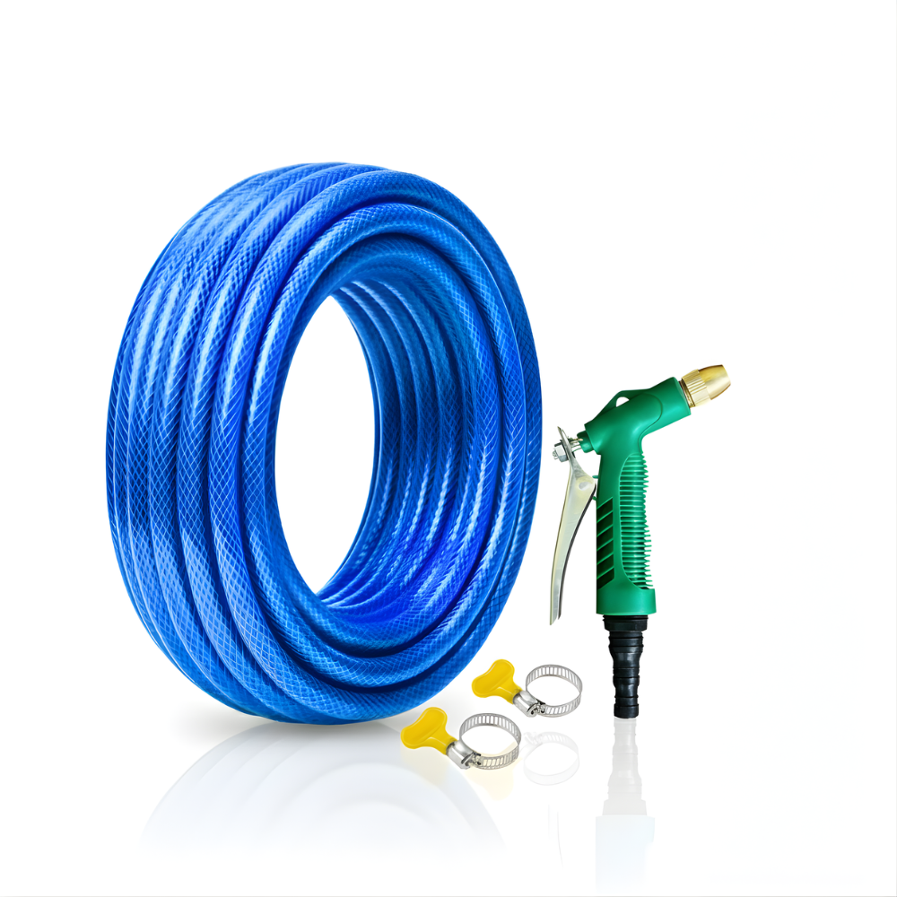 Paket Selang Air Serat Benang Biru SSBO ½, ⅝, ¾ Inch – Nozzle Water Gun & 2 Klem, Tahan Tekanan & Siap Pakai