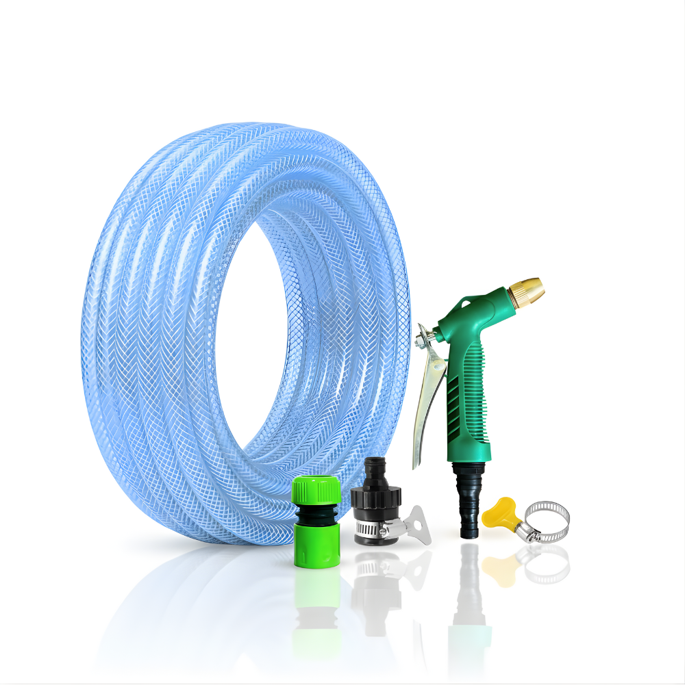 Paket Selang Air Serat Benang Transparan SSBO ½”, ⅝” & ¾” – Dilengkapi Nozzle 4 Mode, 2 Konektor & Fitting Lengkap