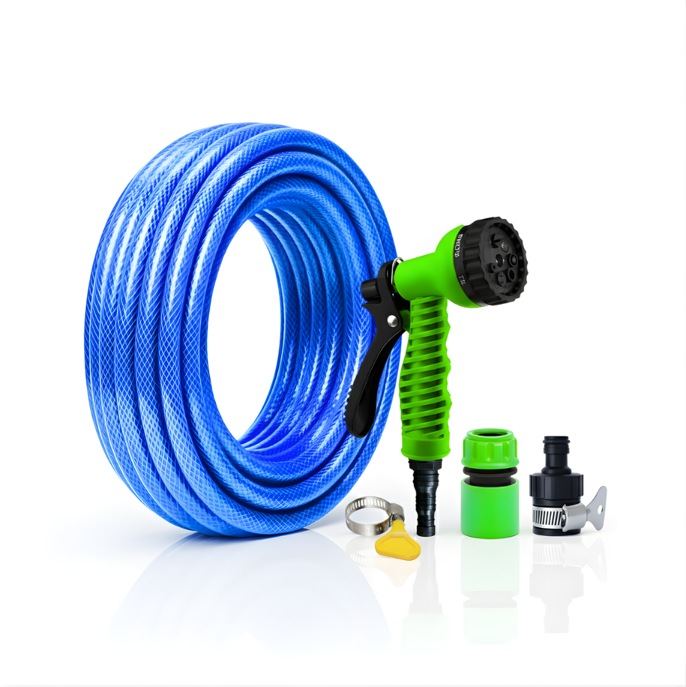 Paket Selang Air Serat Benang Biru SSBO ½ , ⅝, ¾ Inch – Nozzle 7 Mode, 2 Konektor & Fitting Lengkap – Kuat, Fleksibel & Siap Pakai