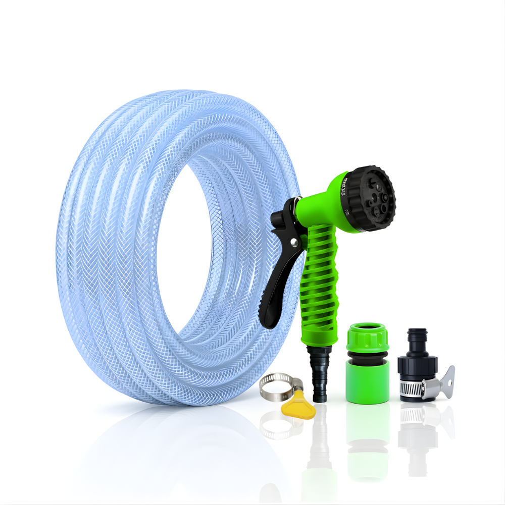 Paket Selang Air Serat Benang Transparan SSBO ½, ⅝, ¾ Inch – Nozzle 7 Mode, 2 Konektor & Fitting Lengkap – Kuat, Fleksibel & Siap Pakai