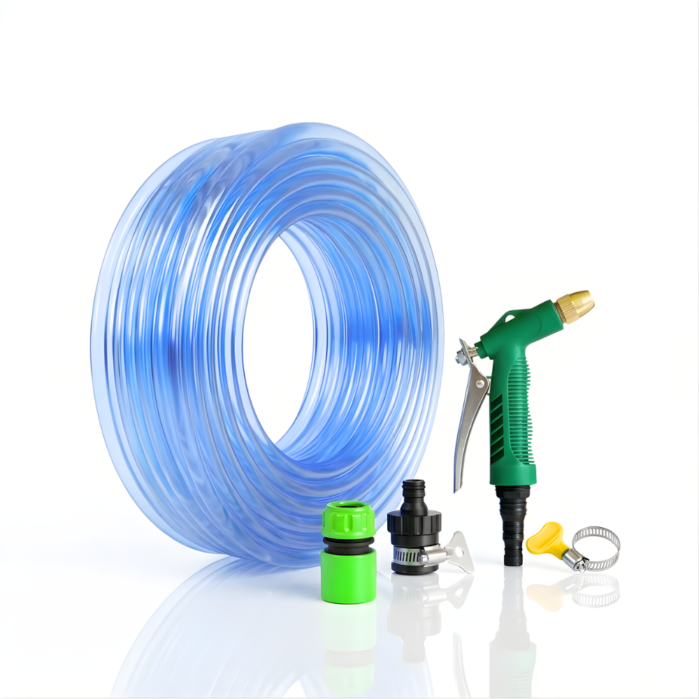 Paket Selang Air Elastis Bening ½ & ¾ Inch + Nozzle 4 Mode, 2 Konektor & Fitting Lengkap – Siap Pakai dan Praktis