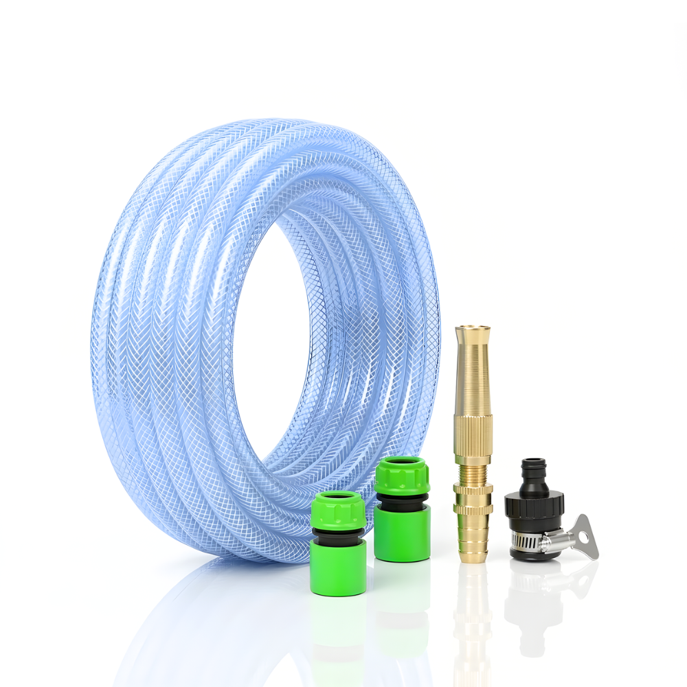 Selang Air PVC Serat Benang Transparan SSBO ½, ⅝, ¾ Inch – Nozzle Spray Kuningan + Konektor & Fitting Lengkap | Kuat, Fleksibel & Siap Pakai