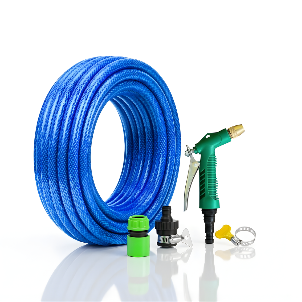 Paket Selang Air Serat Benang Biru SSBO ½ & ⅝ Inch – Water Gun Nozzle, 2 Konektor & Fitting Lengkap