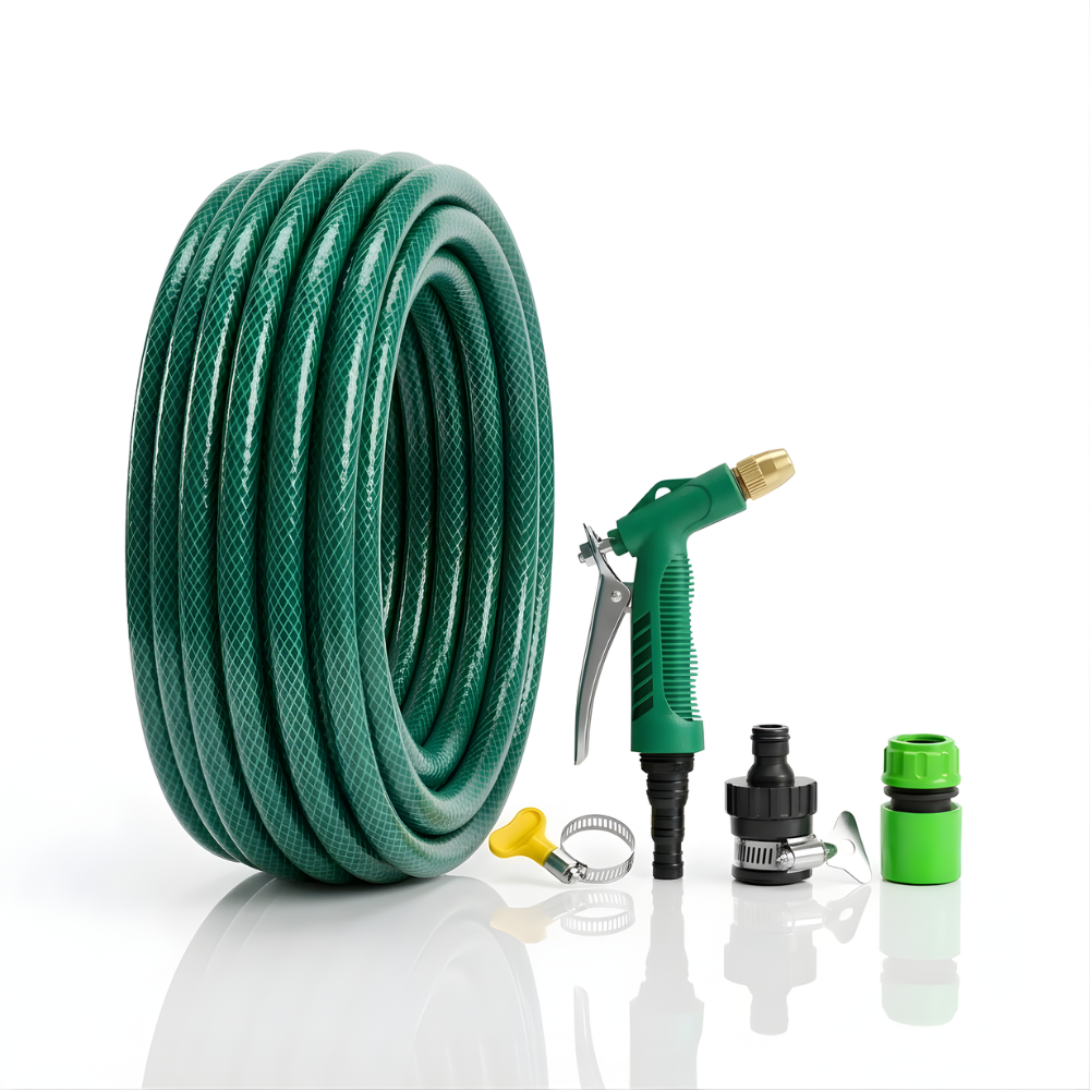 Paket Selang Air Serat Benang Hijau SSBO ½, ⅝, & ¾ Inch – Water Gun Nozzle, 2 Konektor & Fitting Lengkap – Kuat, Fleksibel & Siap Pakai