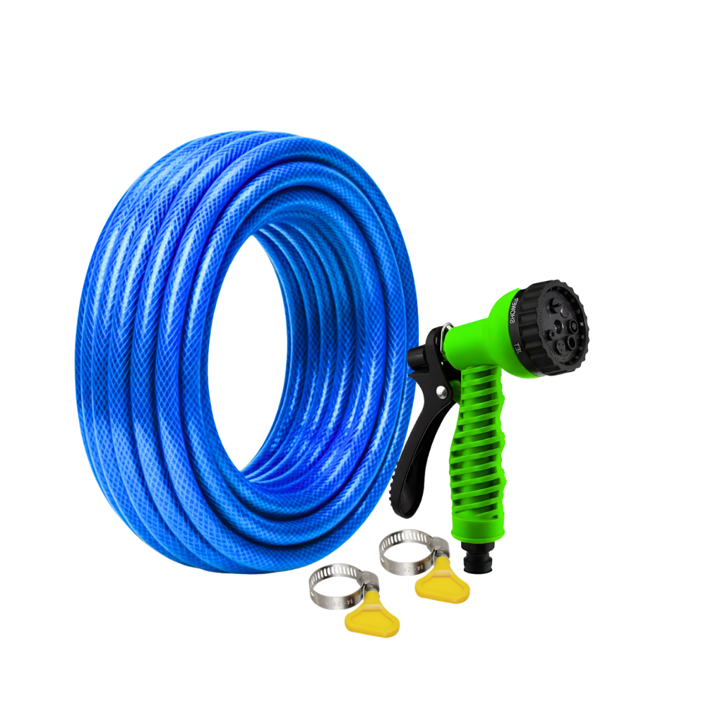Selang Air PVC Serat Benang Biru ⅝ & ¾ Inch SSBO – Nozzle Semprotan 7 Mode + 2 Klem – Kuat, Fleksibel, Anti Lipat & Siap Pakai