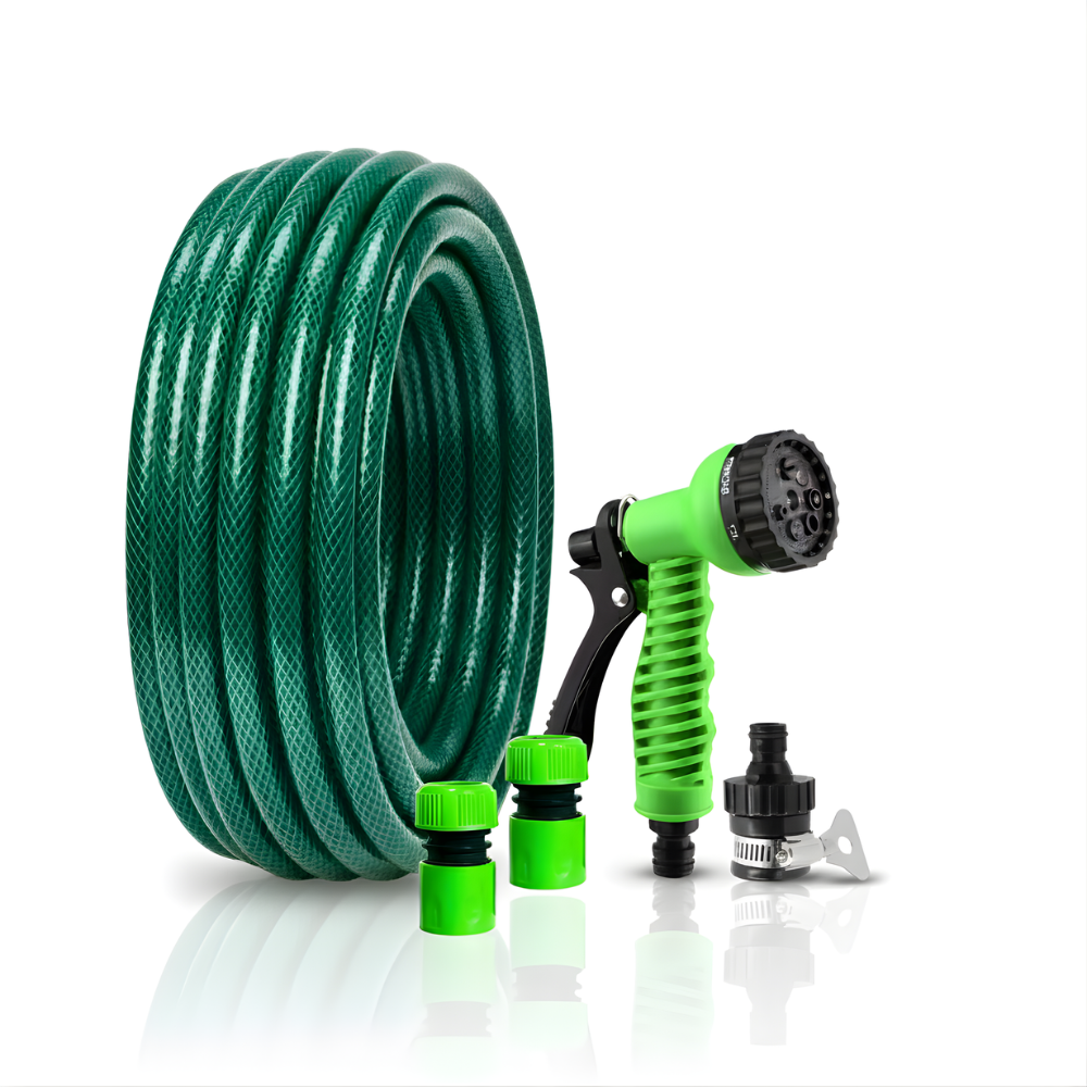 Selang Air PVC Serat Benang Hijau ½, ⅝, ¾ Inch SSBO + Nozzle 7 Mode, Konektor & Fitting Lengkap – Kuat, Fleksibel & Siap Pakai