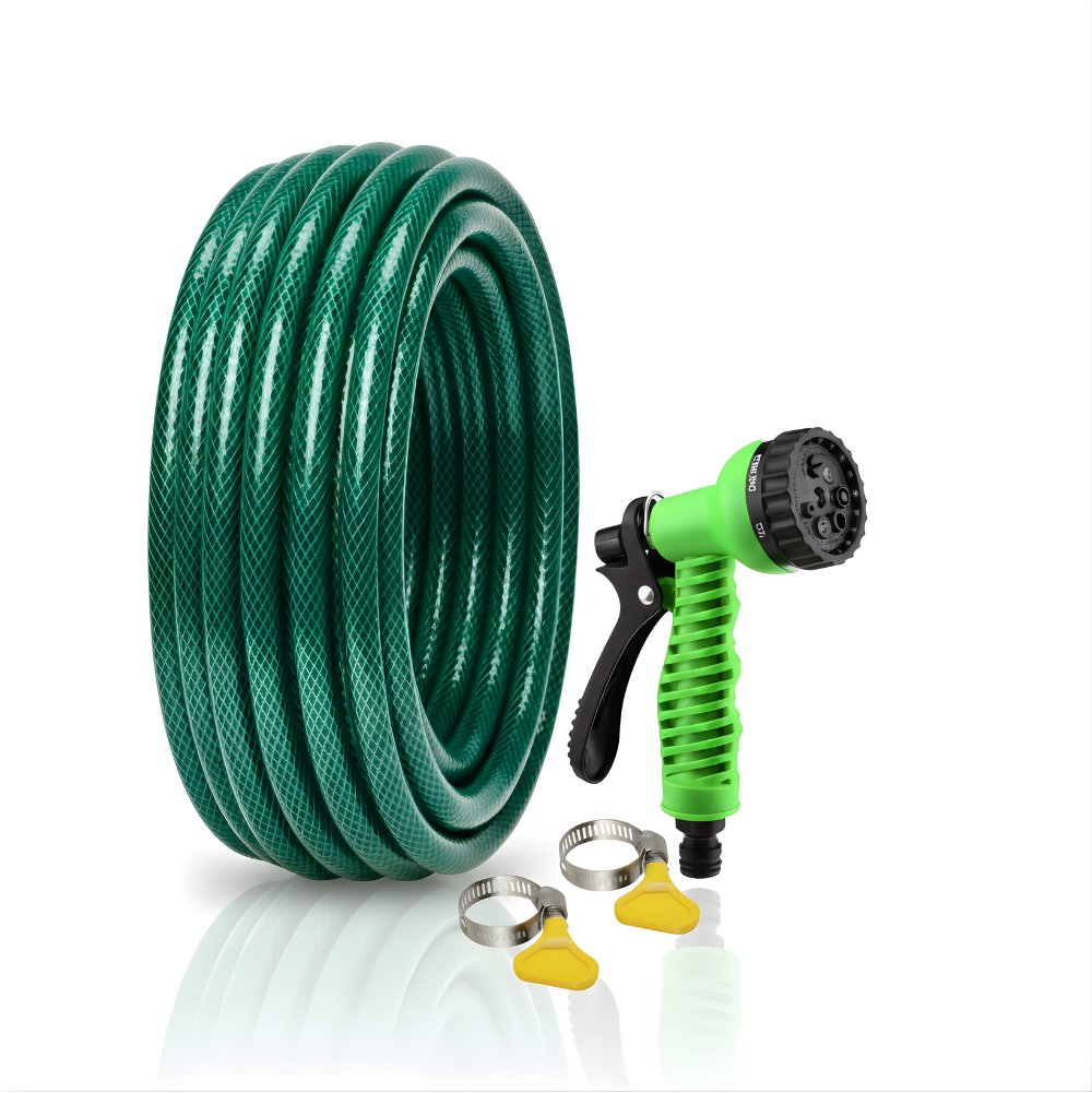 Selang Air PVC Serat Benang Hijau ⅝ & ¾ Inch SSBO – Nozzle Semprotan 7 Mode + 2 Klem – Kuat, Fleksibel, Anti Lipat & Siap Pakai